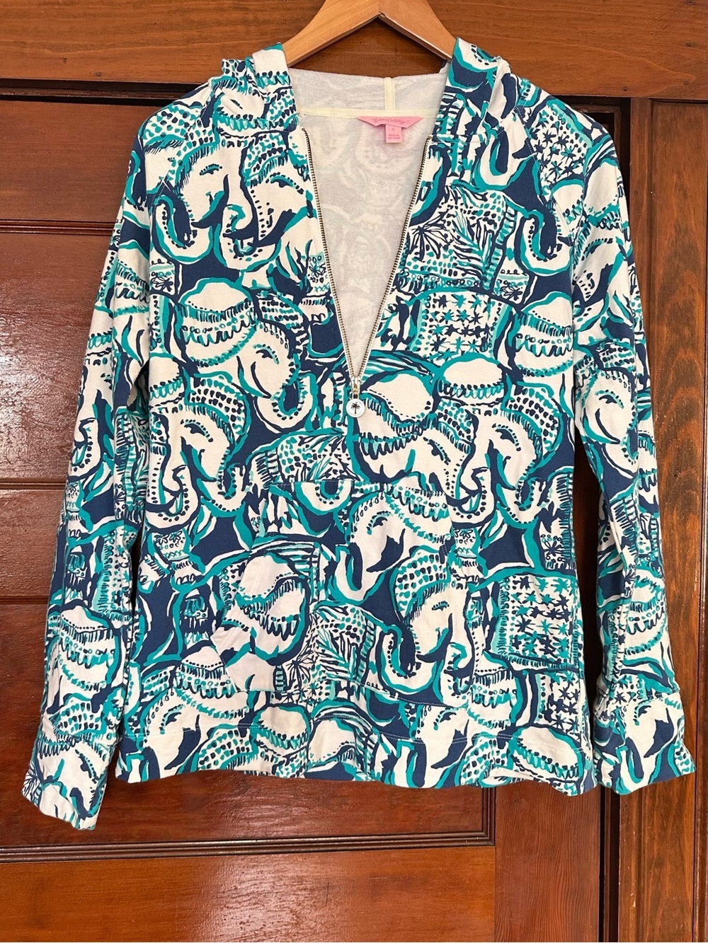Lilly Pulitzer Blue White Quarter Zip Elephant Hooded Pullover Sweatshirt Small